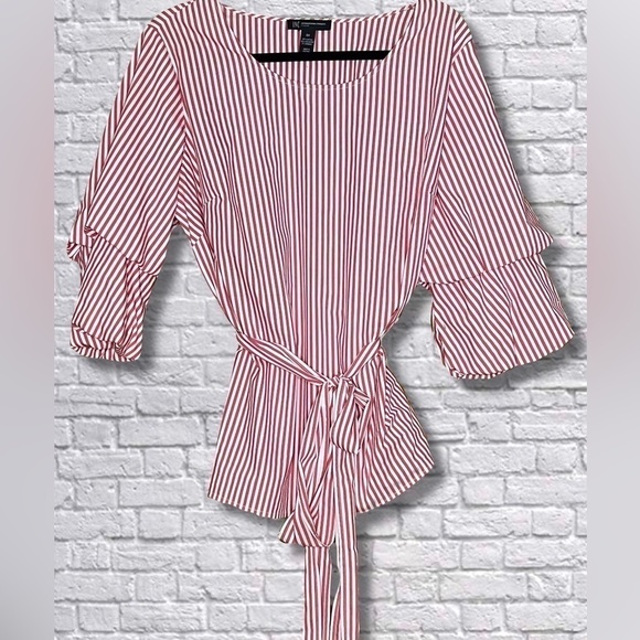 I.N.C Red and White Striped Tie Waist Blouse with Ruffled Sleeves - Picture 1 of 3